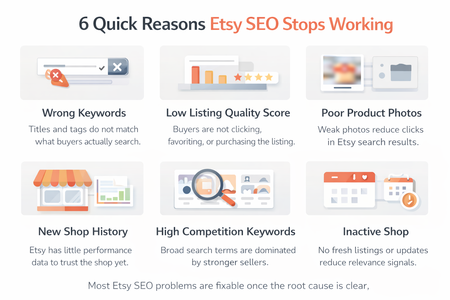 Horizontal infographic showing six common reasons Etsy SEO stops working