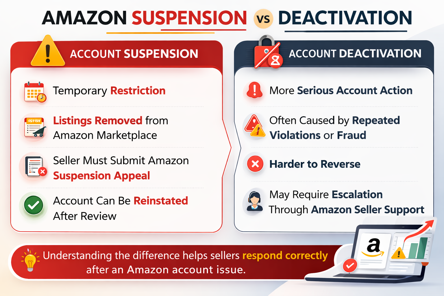 Infographic explaining the difference between Amazon account suspension and Amazon account deactivation for seller accounts.