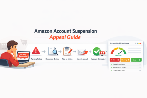 Amazon account suspension appeal guide showing suspension notice, plan of action process, and seller account reinstatement workflow.
