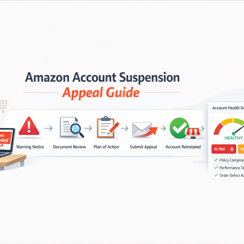 Amazon account suspension appeal guide showing suspension notice, plan of action process, and seller account reinstatement workflow.