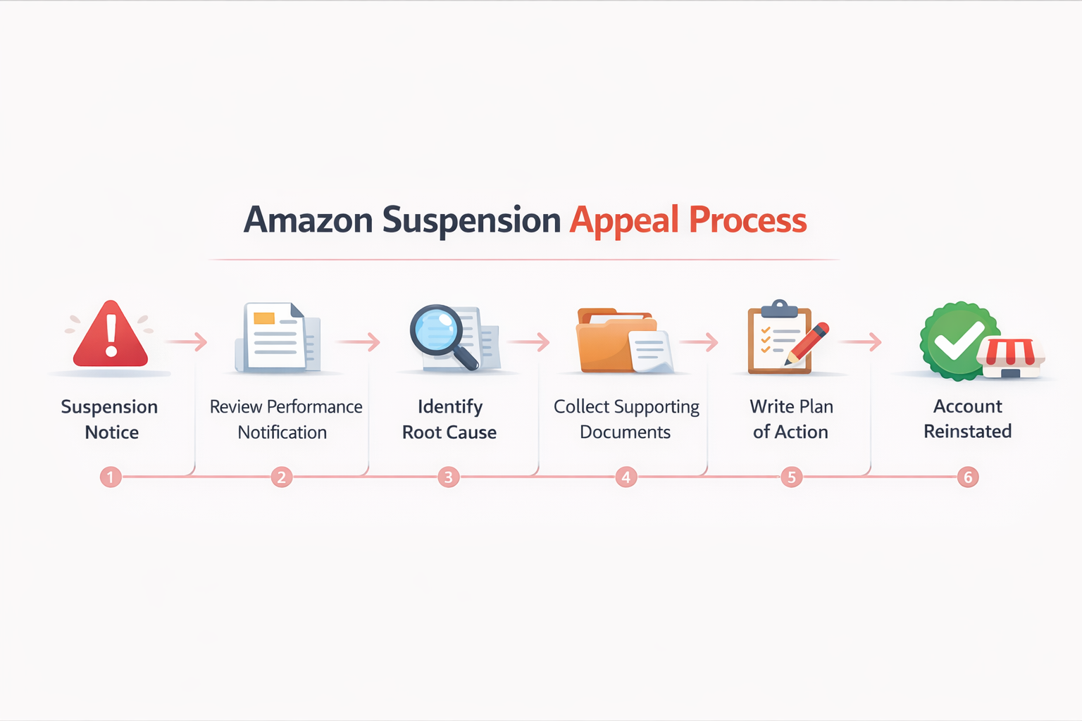 Step-by-step infographic showing the Amazon account suspension appeal process from suspension notice to seller account reinstatement.