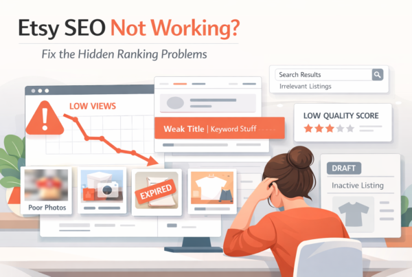 Etsy SEO not working featured image showing ranking problems, low views, weak keywords, and listing optimization issues