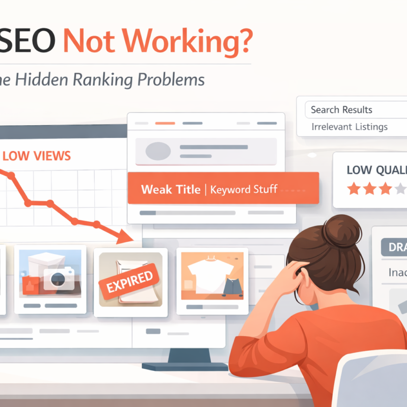 Etsy SEO not working featured image showing ranking problems, low views, weak keywords, and listing optimization issues
