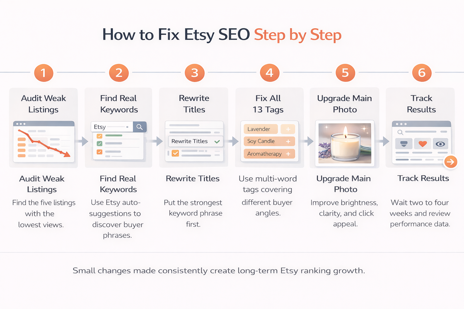 Step by step horizontal infographic showing how to fix Etsy SEO problems