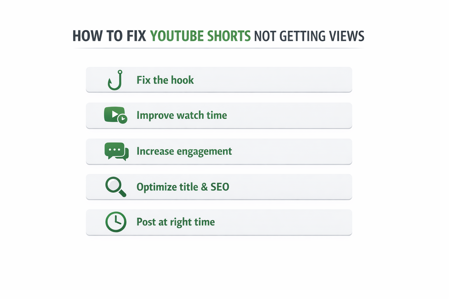 how to fix youtube shorts not getting views infographic showing hook retention seo and engagement steps