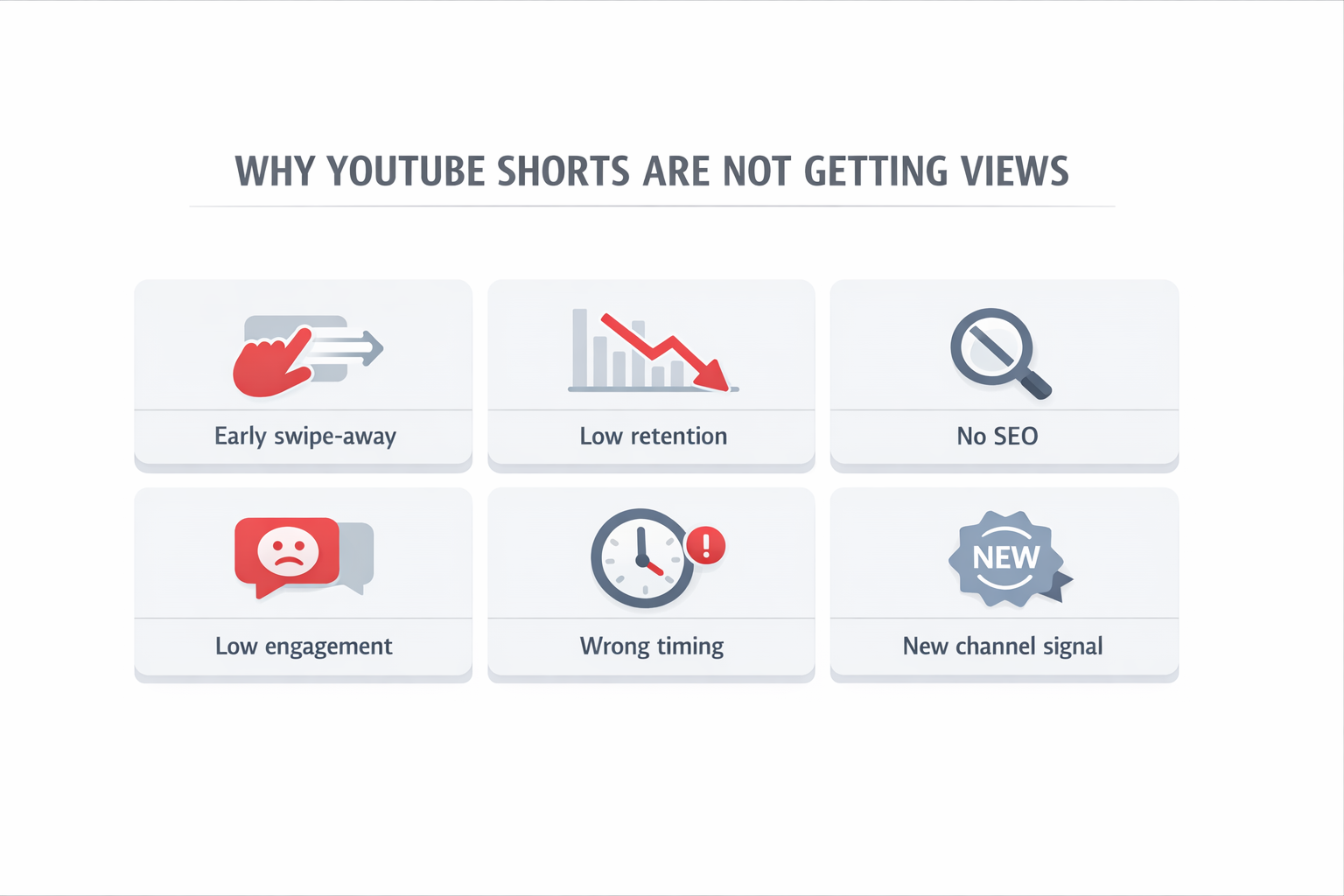why youtube shorts not getting views infographic showing low retention weak hook and timing issues