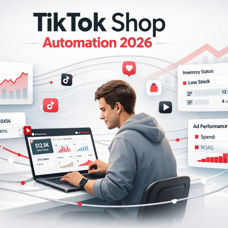 TikTok Shop automation dashboard with analytics, inventory, orders, and marketing tools in a modern ecommerce setup