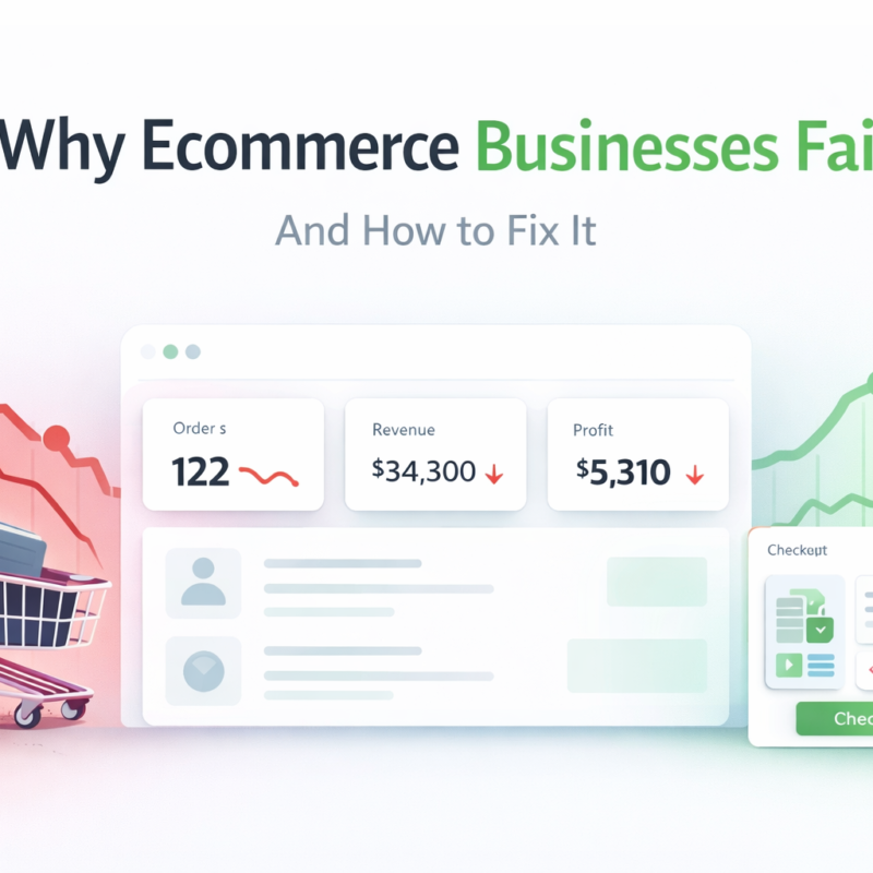 Why ecommerce businesses fail cover image showing failing vs successful online store comparison with growth and decline visuals
