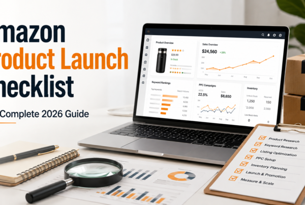 Amazon product launch checklist showing product research, listing optimization, PPC campaigns, inventory planning, and Amazon ranking strategy in 2026.