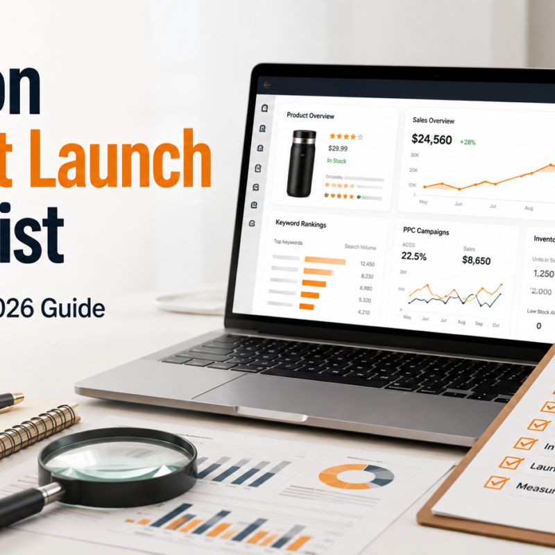 Amazon product launch checklist showing product research, listing optimization, PPC campaigns, inventory planning, and Amazon ranking strategy in 2026.