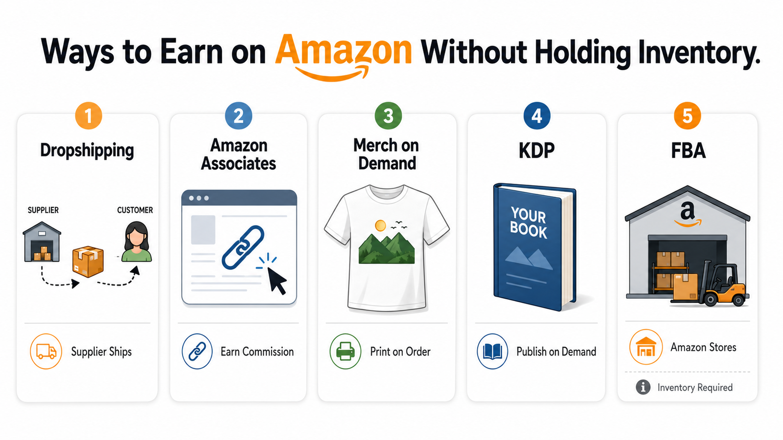 Amazon business models without inventory including dropshipping Associates Merch KDP and FBA