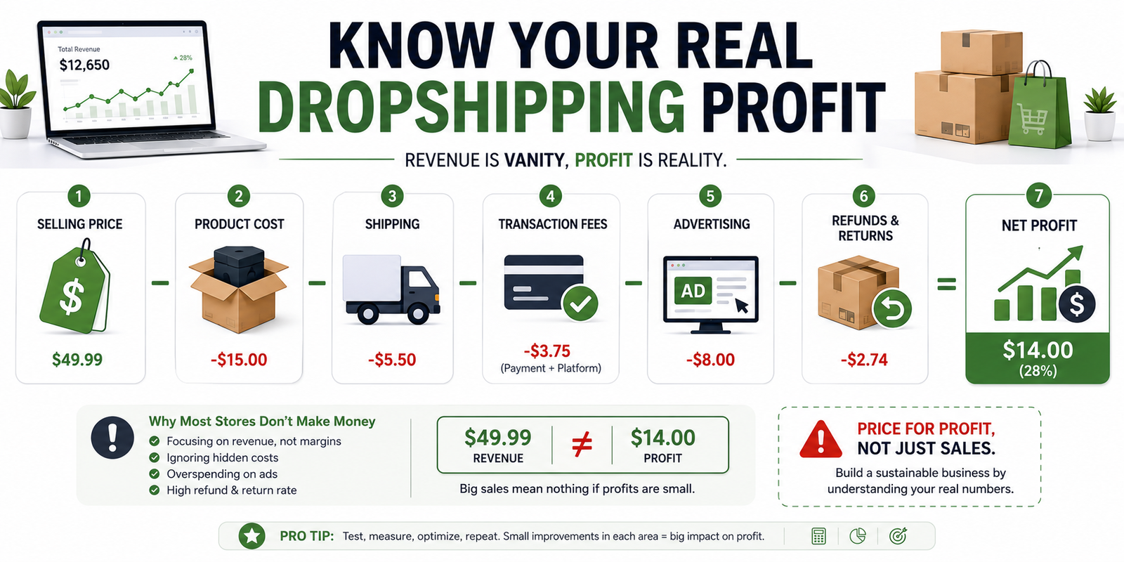 Dropshipping pricing strategy showing product, shipping, advertising, fees and net profit