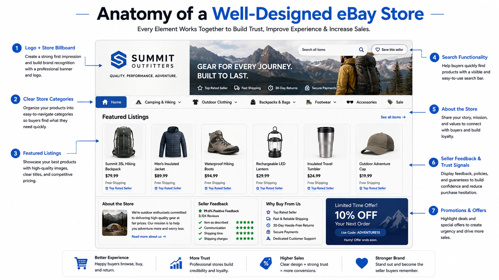 Well-designed eBay Store layout with logo billboard categories featured listings and buyer trust elements