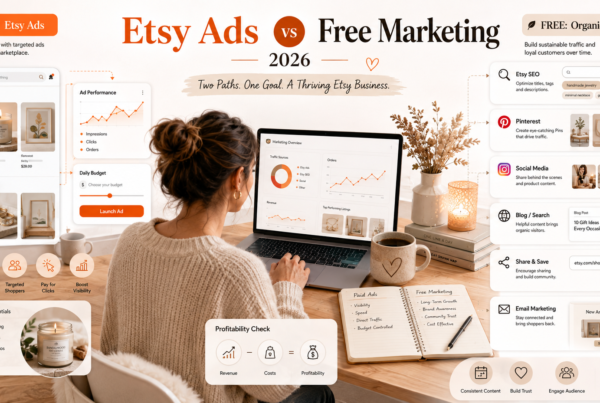 Etsy Ads vs free marketing comparison showing paid listings Etsy SEO Pinterest Share and Save and organic traffic