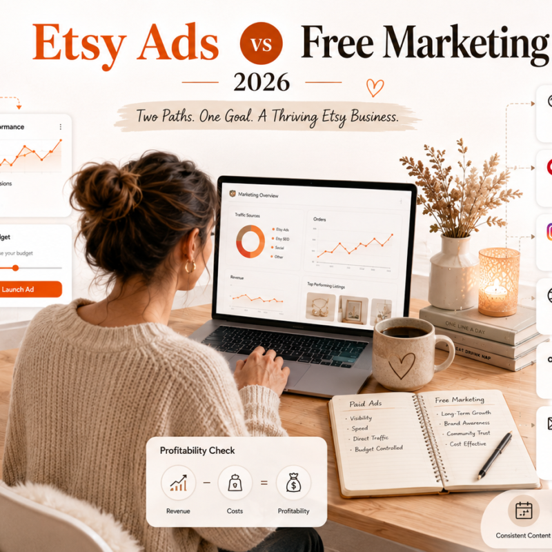 Etsy Ads vs free marketing comparison showing paid listings Etsy SEO Pinterest Share and Save and organic traffic