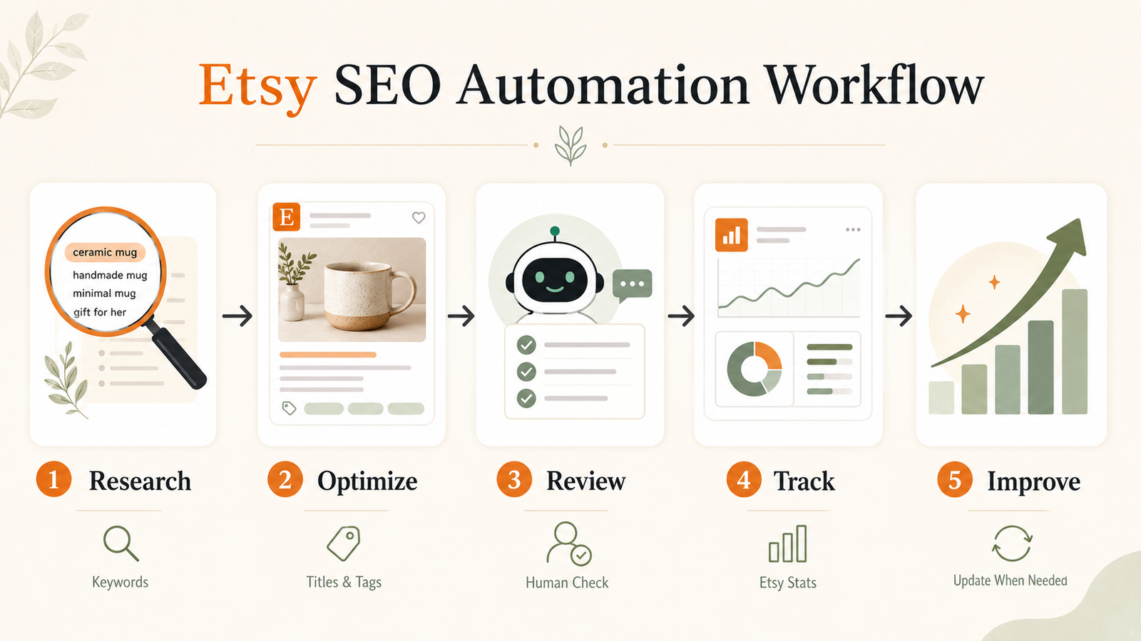 Etsy SEO automation workflow from keyword research to listing optimization and performance tracking