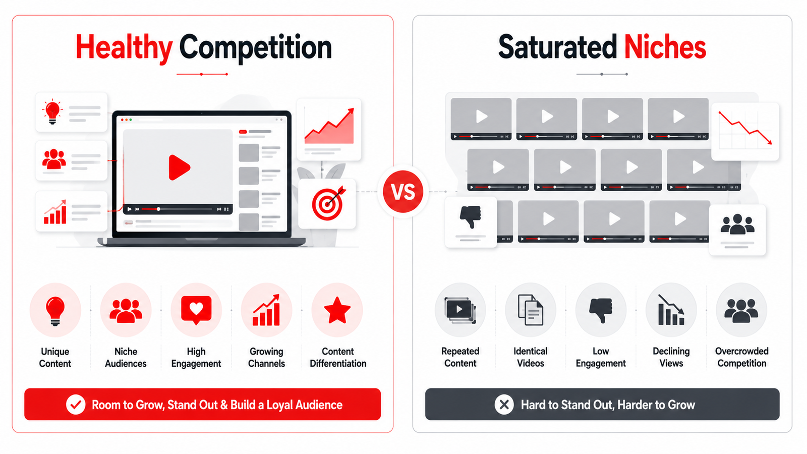 Comparison infographic showing the difference between healthy competition and saturated YouTube niches.