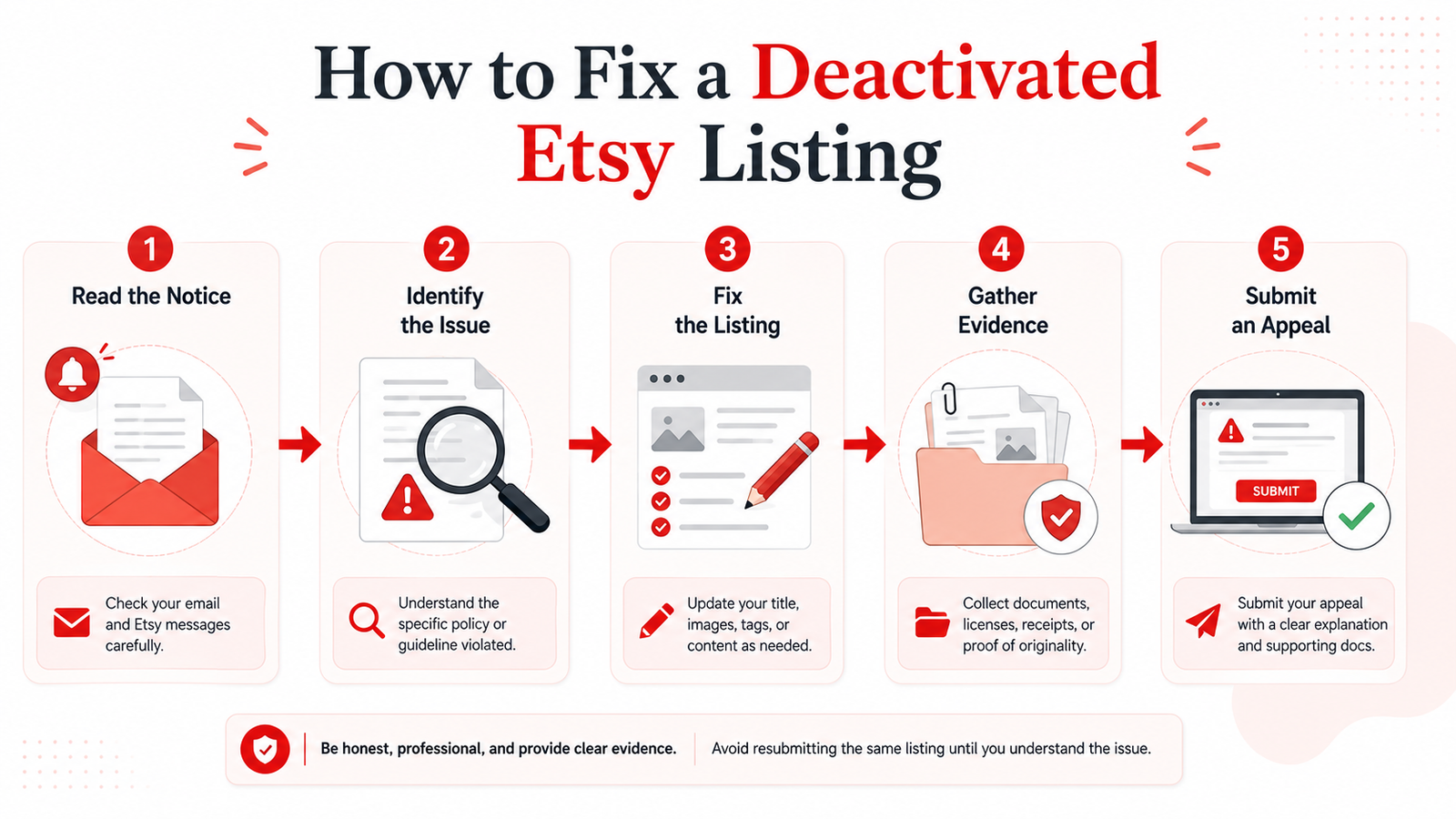 How to fix a deactivated Etsy listing by identifying the issue, correcting the listing, gathering evidence, and submitting an appeal