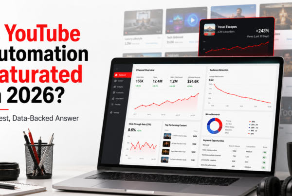 Is YouTube automation saturated in 2026? Illustration showing YouTube analytics, niche research, and channel growth strategy.