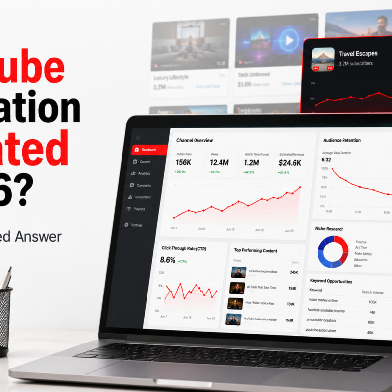 Is YouTube automation saturated in 2026? Illustration showing YouTube analytics, niche research, and channel growth strategy.