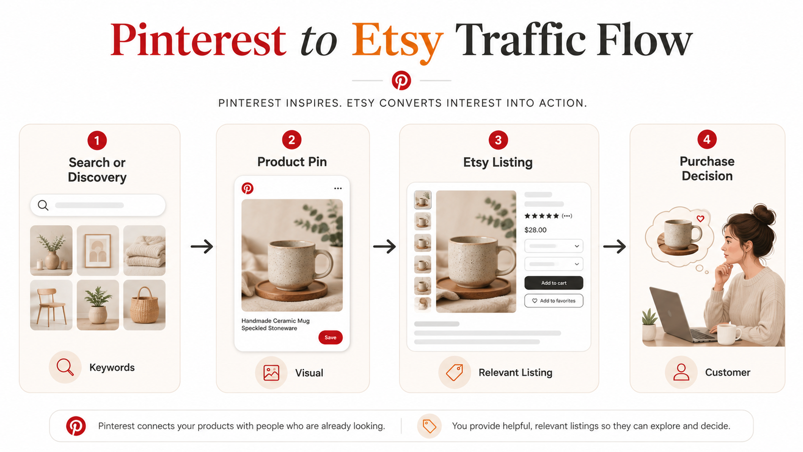 Pinterest to Etsy traffic flow from search and product Pins to Etsy listings and shoppers