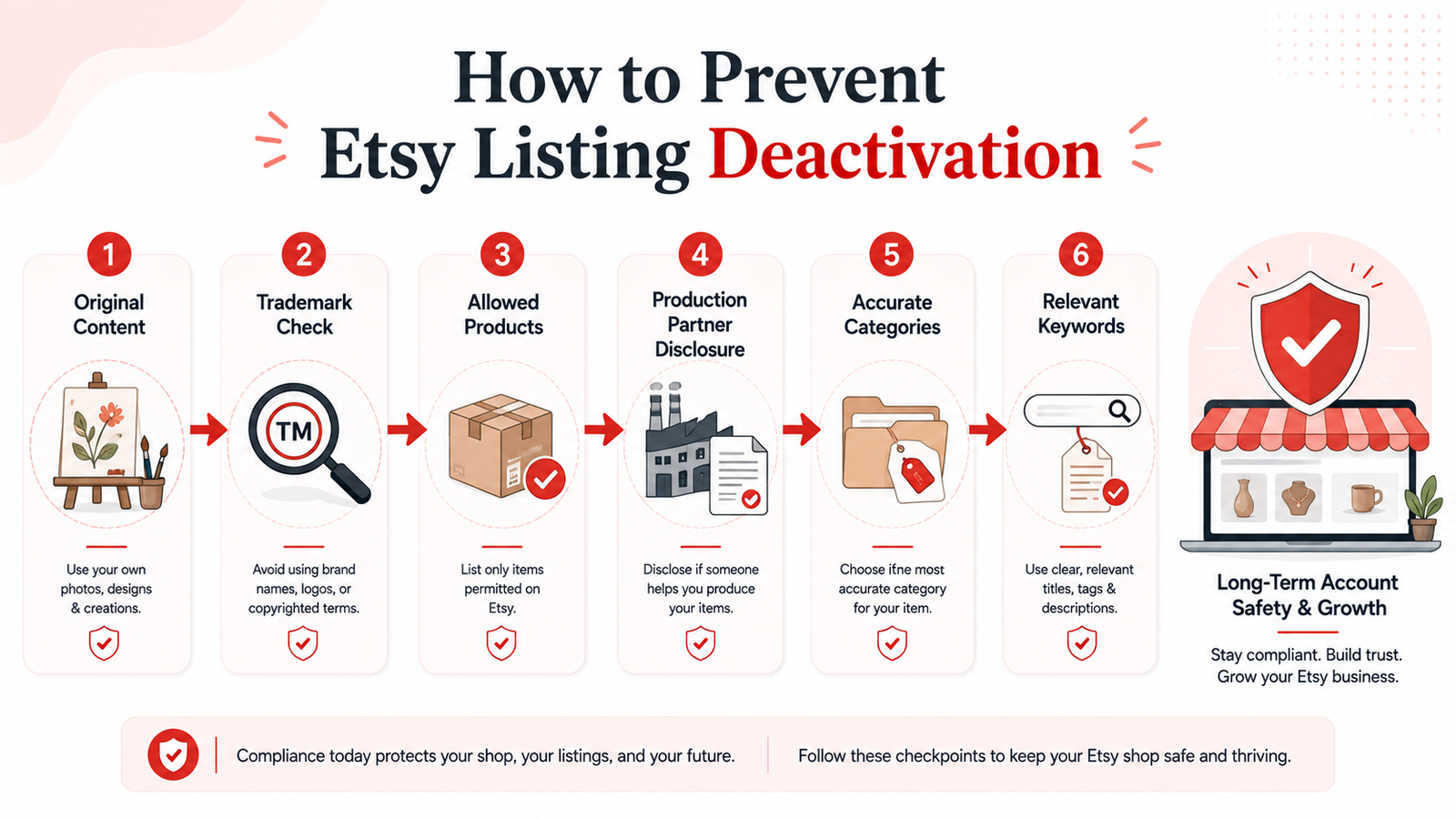 How to prevent Etsy listing deactivation by checking trademarks, product policies, categories, keywords, and production partner disclosures
