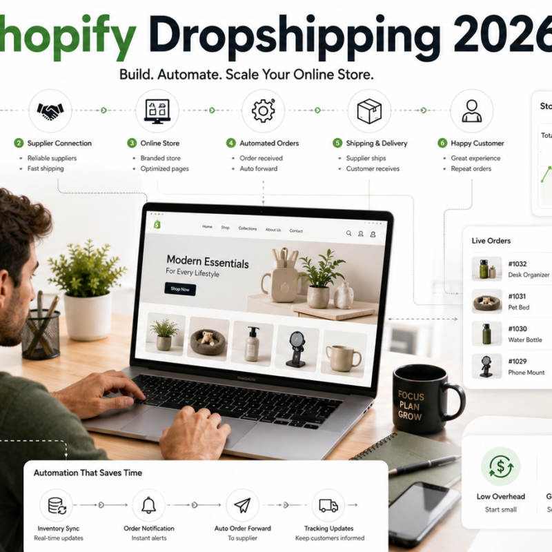 Shopify dropshipping 2026 showing product research suppliers automation online store fulfillment and ecommerce marketing