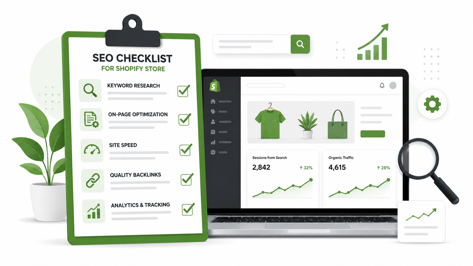 Shopify SEO checklist showing keyword research, on-page optimization, site speed, backlinks, analytics, and product page optimization for beginners.