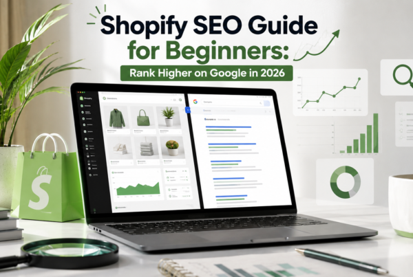Shopify SEO guide for beginners showing keyword research, technical SEO, product page optimization, and Google rankings in 2026