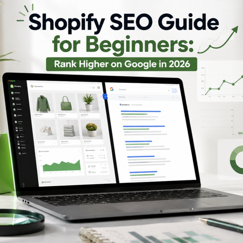Shopify SEO guide for beginners showing keyword research, technical SEO, product page optimization, and Google rankings in 2026