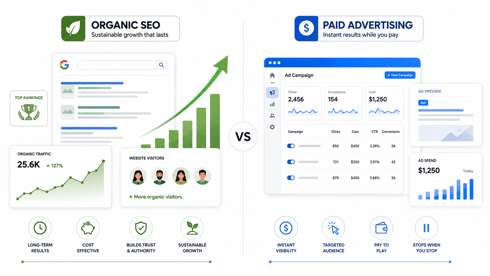 Comparison of Shopify SEO and paid advertising showing long-term organic growth versus paid search campaigns and advertising costs.