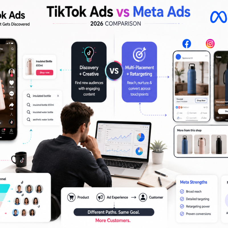 TikTok Ads vs Meta Ads comparison for ecommerce showing short form video retargeting search ads Reels and conversion tracking