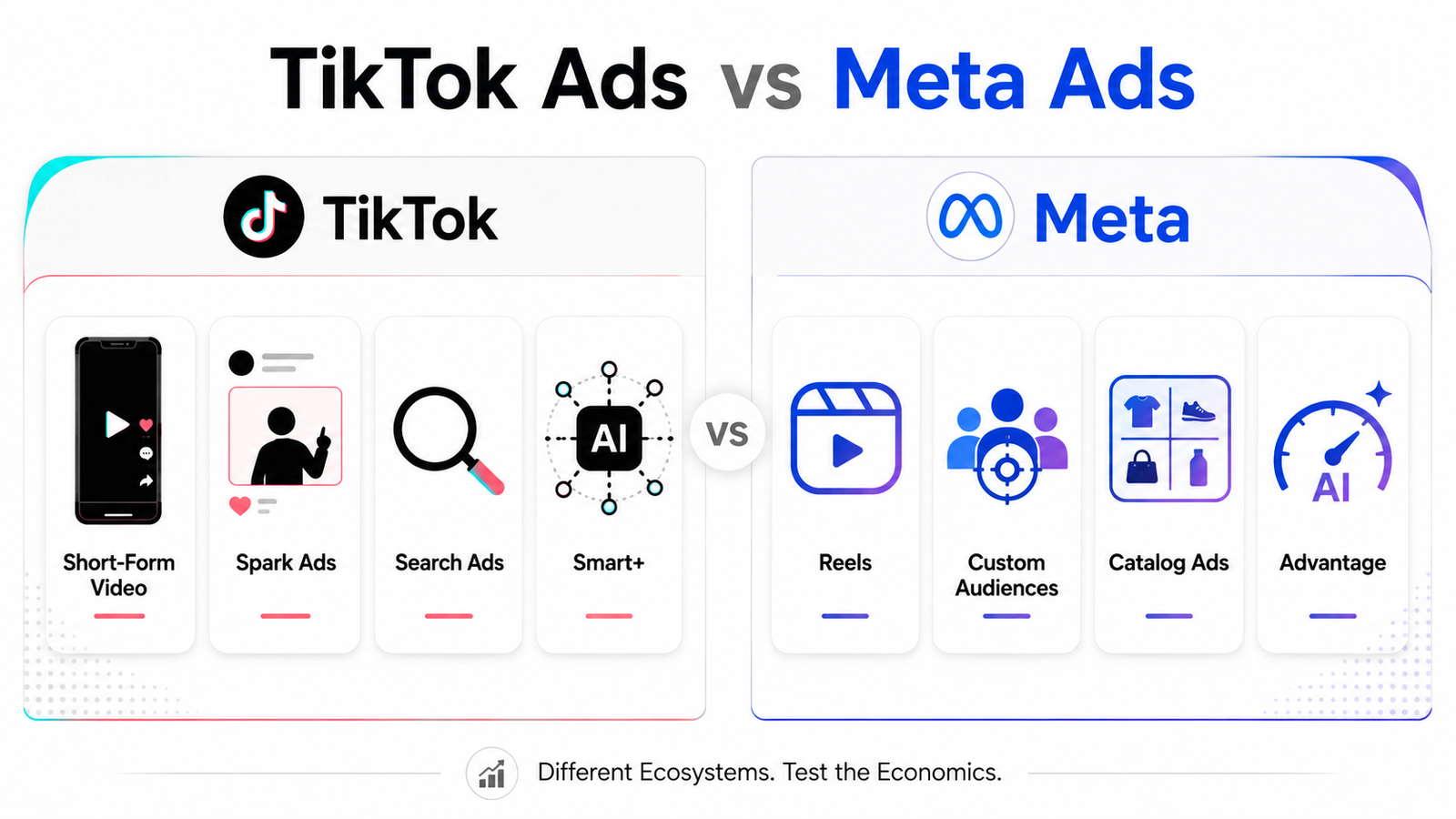 TikTok Ads and Meta Ads comparison covering Spark Ads Search Ads Smart Plus Reels Custom Audiences and catalog advertising