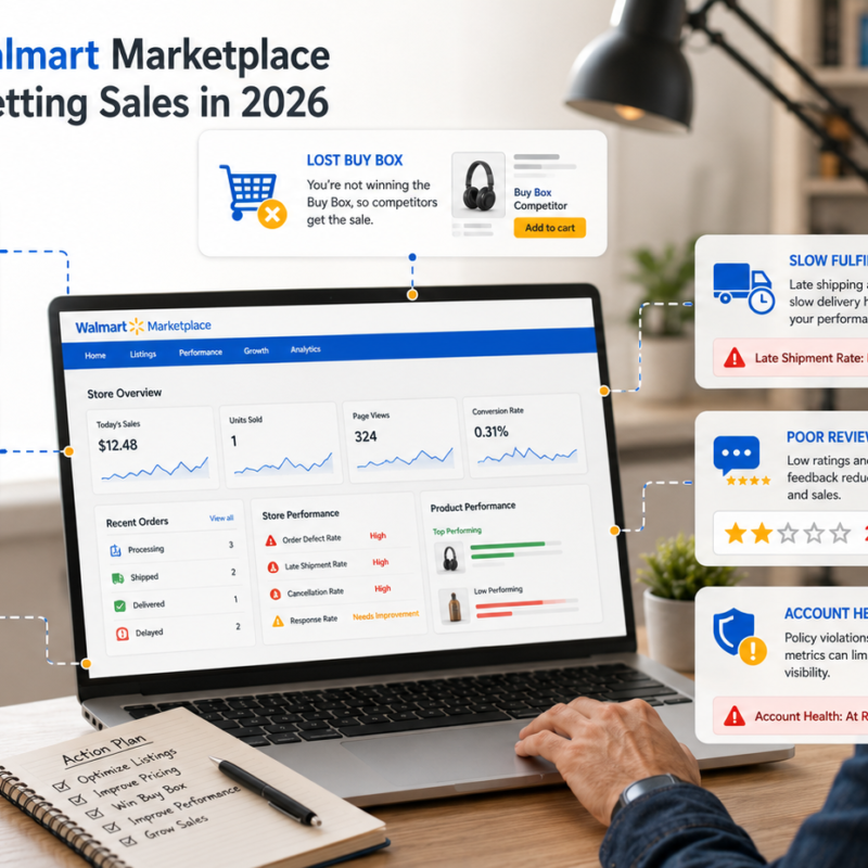 Walmart store not getting sales due to low visibility Buy Box pricing conversion and fulfillment issues
