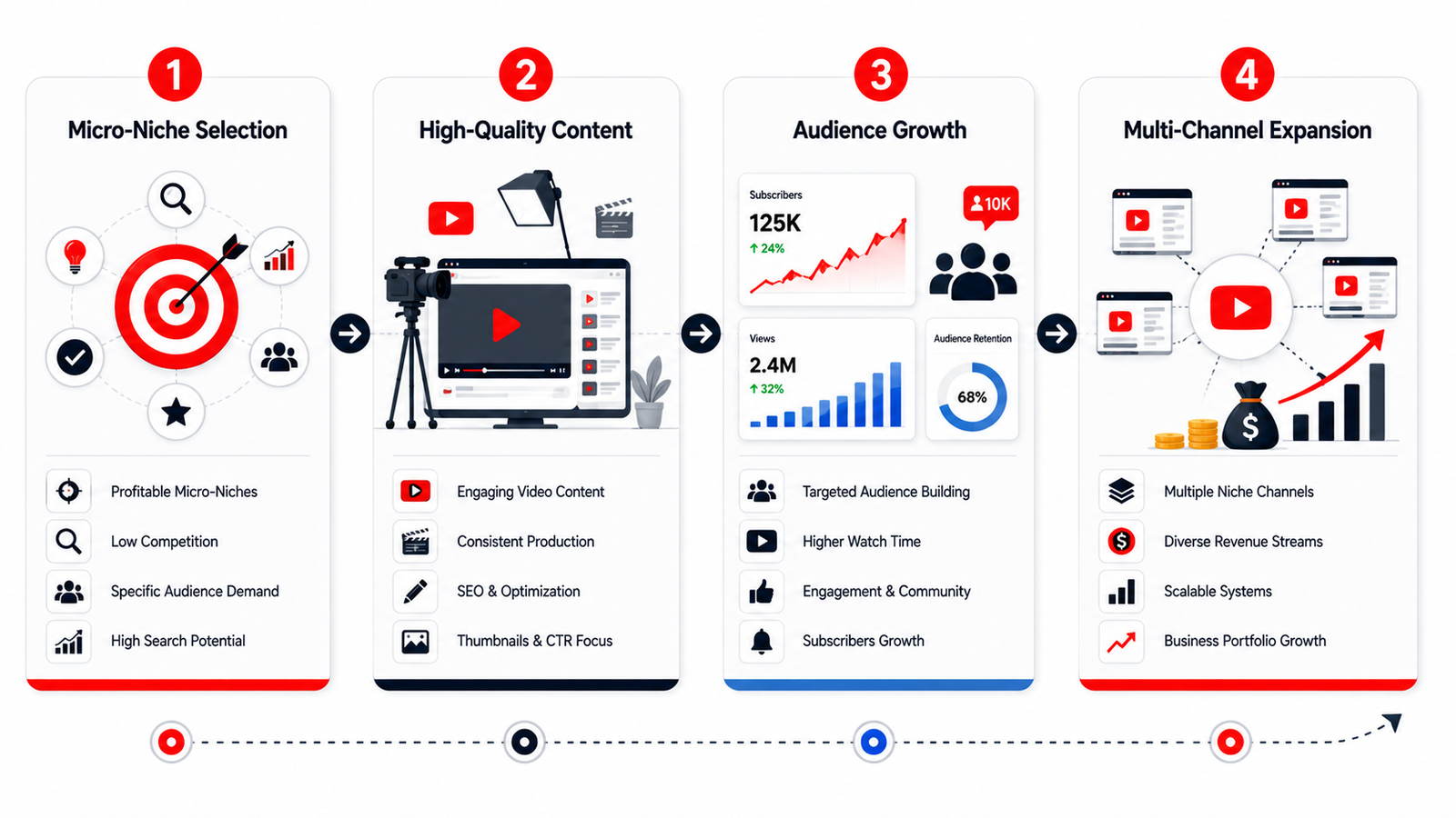 YouTube automation growth strategy infographic showing niche selection, content creation, audience growth, and channel expansion.