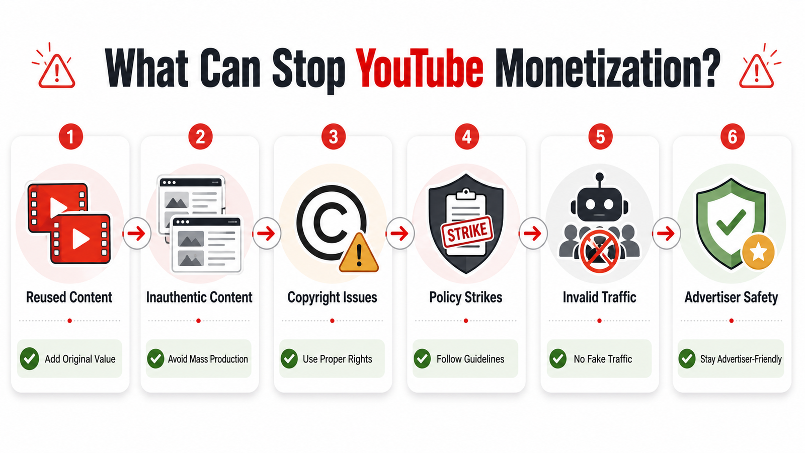 YouTube demonetization risks including reused content copyright strikes invalid traffic and advertiser safety