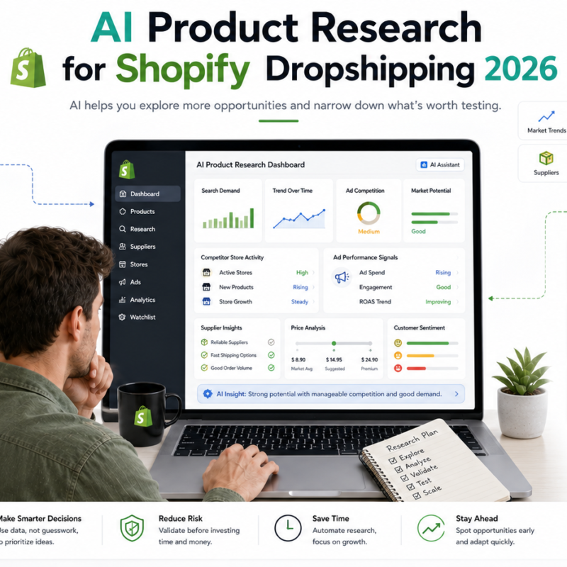 AI product research for Shopify dropshipping using demand trends competitor data suppliers and product validation in 2026