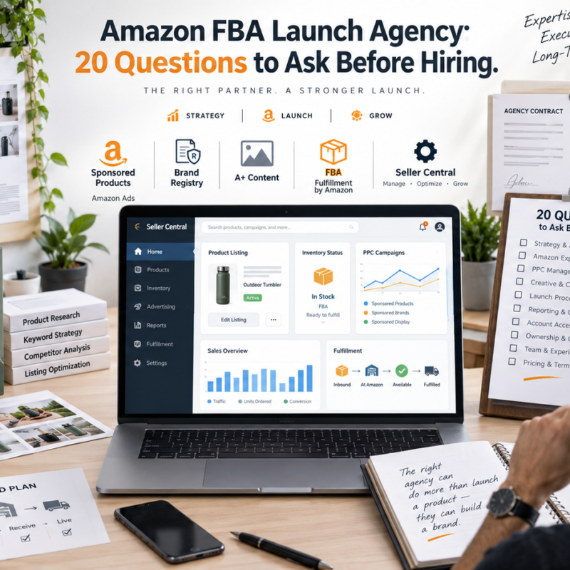 Amazon FBA launch agency evaluation covering PPC listings inventory pricing reporting ownership and Seller Central access