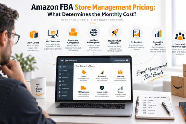 Amazon FBA store management pricing showing PPC catalog inventory and monthly management cost drivers