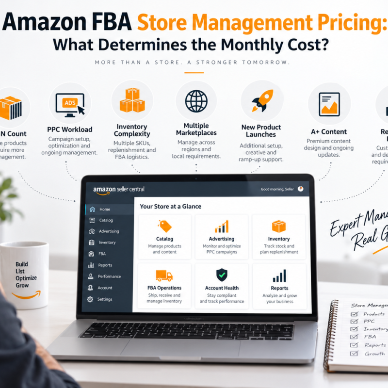 Amazon FBA store management pricing showing PPC catalog inventory and monthly management cost drivers