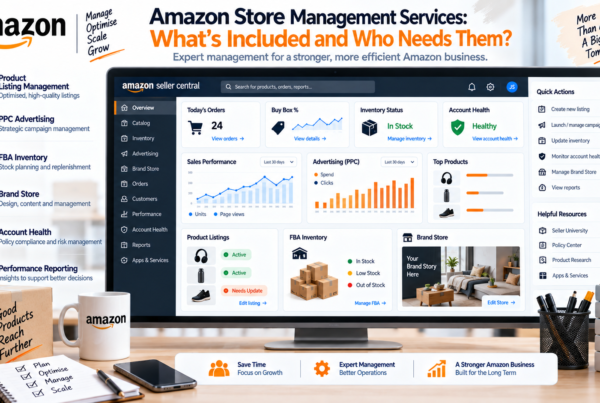 Amazon store management services covering Seller Central listings PPC FBA inventory account health and reporting