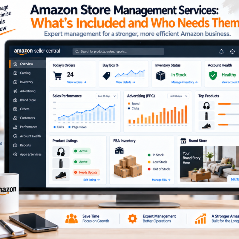 Amazon store management services covering Seller Central listings PPC FBA inventory account health and reporting
