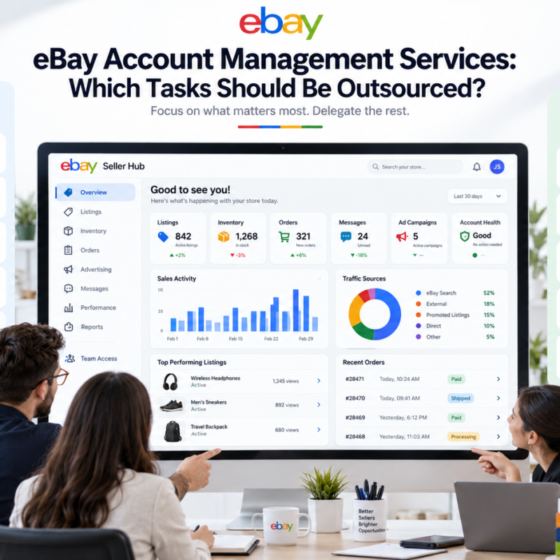 eBay account management services showing outsourced tasks and seller-controlled responsibilities