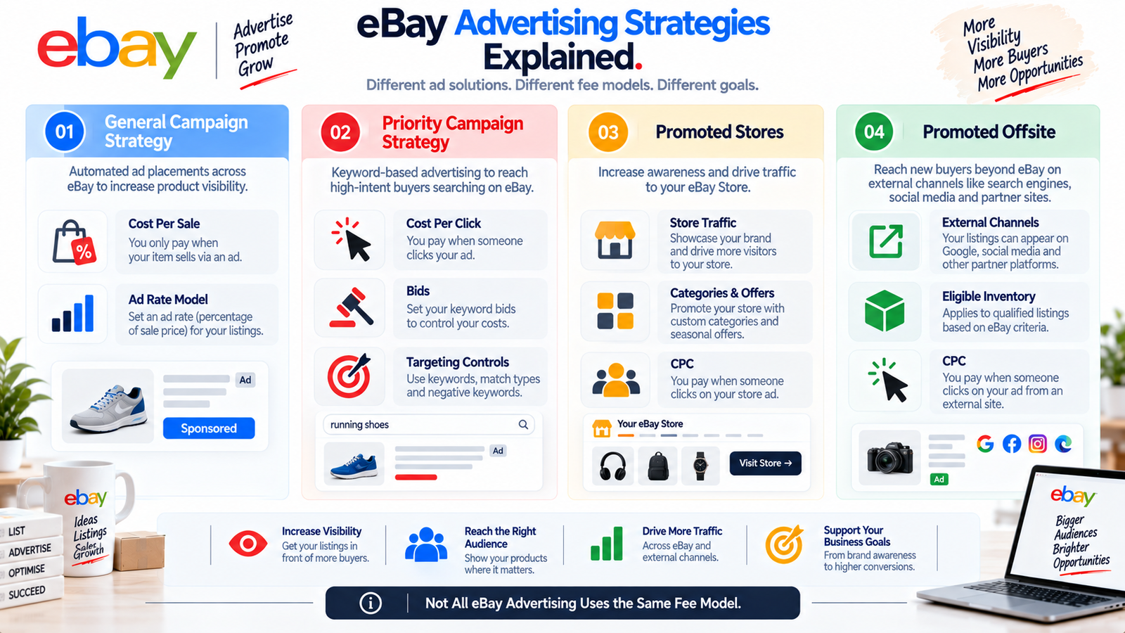 eBay advertising strategies showing General Priority Promoted Stores and Promoted Offsite campaign models 