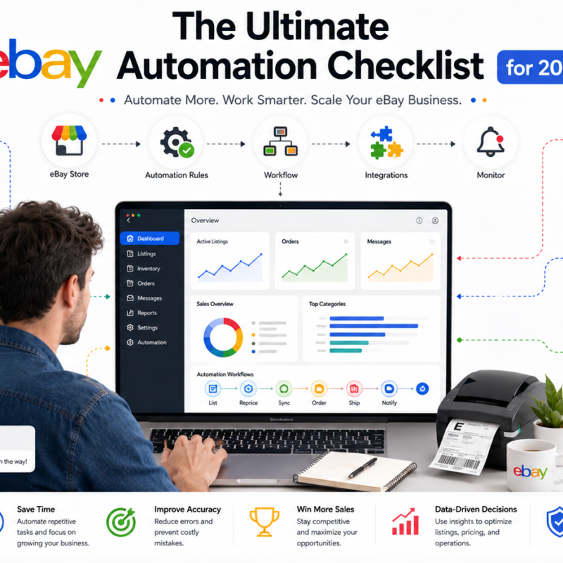 eBay automation checklist 2026 showing listing repricing inventory fulfillment customer support and analytics automation