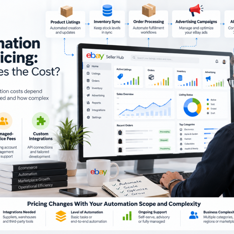 eBay automation services pricing covering listings inventory orders advertising API integrations software and management costs