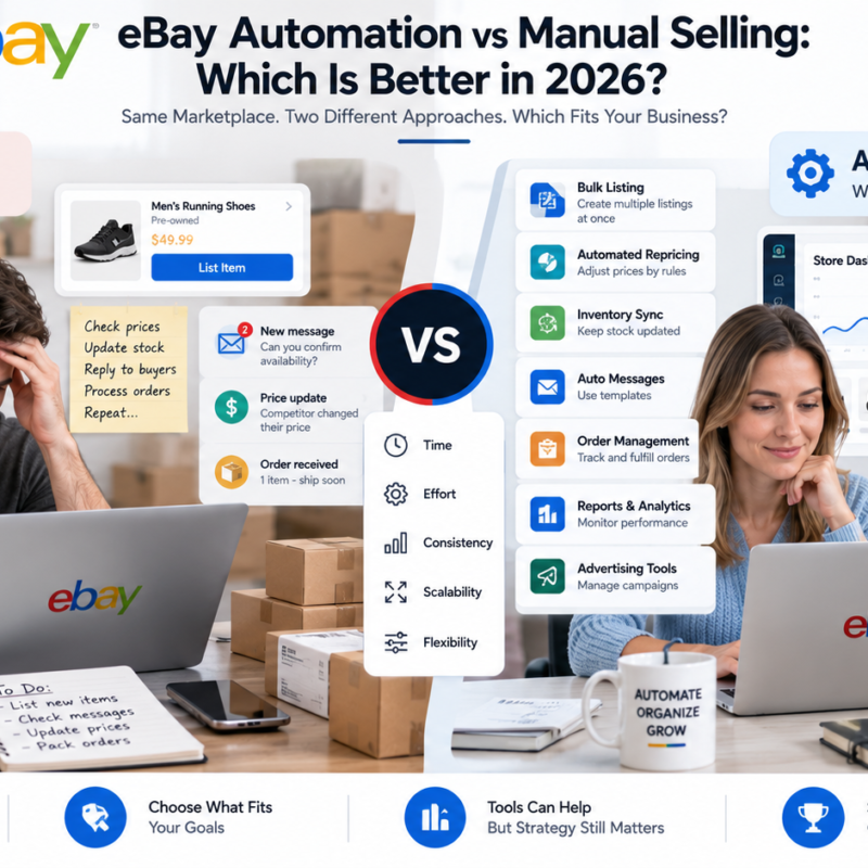 eBay automation vs manual selling comparison showing manual ecommerce tasks and automated seller workflows in 2026