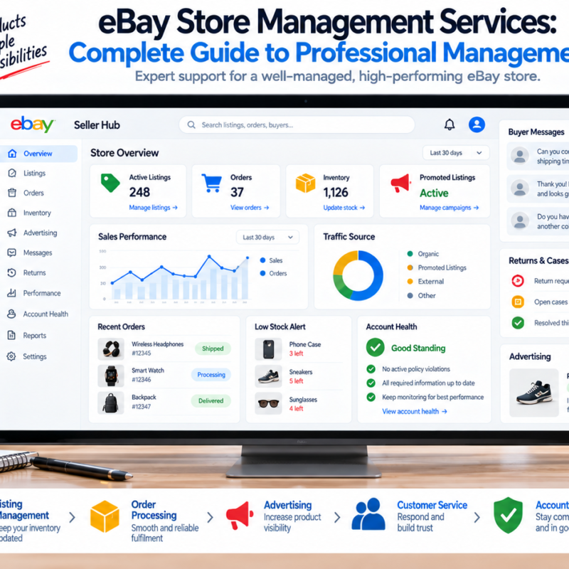 eBay store management services showing Seller Hub listings inventory orders ads account health and reporting