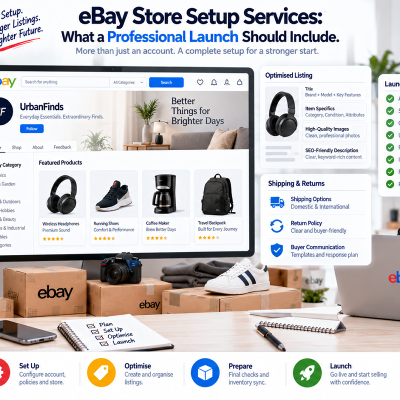 eBay store setup services covering seller account branding listings policies inventory Seller Hub and launch preparation