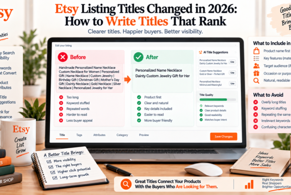 Etsy listing titles 2026 showing old keyword-stuffed titles versus clear buyer-friendly title optimization